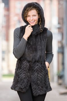 Fashion-up with our boho chic Lexi vest. Danish knit mink fur makes this vest soft, fine, and lightweight yet incredibly warm, with a cozy hood. Vests For Women, Fur Accessories, Fur Coats Women, Fur Coats, Mink Fur, Hot Outfits, Blazer Fashion, Fur Vest, Fur Jacket