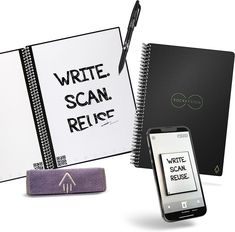 a cell phone and notebook next to each other on a white background with the words write scan reice