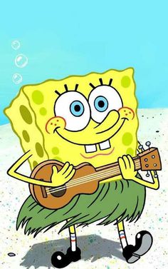 spongebob holding a ukulele on the beach with bubbles in the background