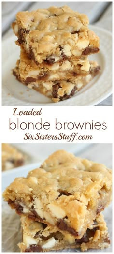 two pictures of chocolate chip blond brownies stacked on top of each other