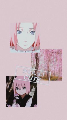 four different images of anime characters with pink hair and blue eyes, one is in the middle