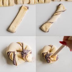 four pictures showing how to make rolls with dough and pastry crumbs on them