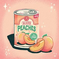 a can of sliced peaches next to two pieces of fruit on a pink background