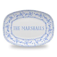 a blue and white plate with the words, the marshalls written on it