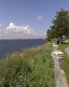 there is a stone wall on the side of the road next to the water and trees