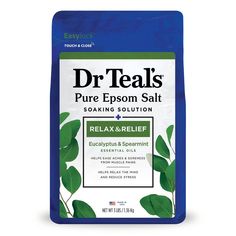 Relax and relieve stress with Dr. Teal's Epsom Salt Relax & Relief Eucalyptus & Spearmint Soaking Solution. The pure epsom salt solution helps revitalize tired, achy muscles and refresh skin's appearance, and the invigorating scents of spearmint and eucalyptus calm your senses so you can soak away the stress of the day. Dr Teals, Epsom Salt Magnesium, Epson Salt, Epsom Salt Bath, Spearmint Essential Oil, Foaming Bath, Chamomile Essential Oil, Foot Cream, Bath Soak