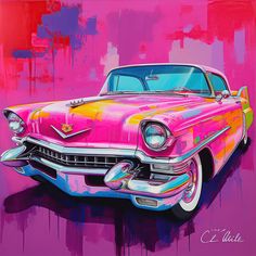 an old pink car painted in bright colors on a purple and red background with spray paint