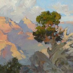 an oil painting of a tree in the mountains