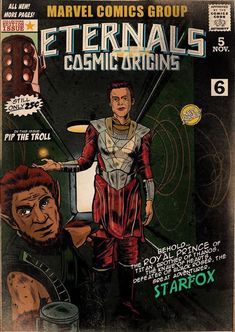 an old comic book cover with a man standing in front of him and another man behind him