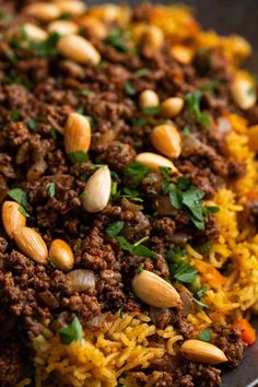 a plate full of rice and meat with nuts on the top, topped with cilantro