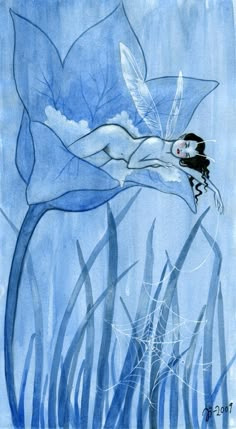 a drawing of a woman floating in the water next to some plants and reeds