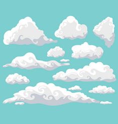 white clouds in the blue sky on a green background with space for text or image