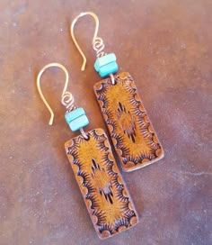 Hand Tooled Leather Earrings Turquoise Copper Western | Etsy Tooled Leather Earrings, Leather Working Patterns, Earrings Western, Diy Leather Earrings, Country Jewelry, Jewelry Staples, Cowgirl Jewelry, Western Earrings, Leather Stamps