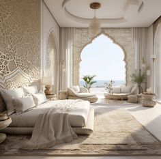 the bedroom is decorated in white and features an intricately designed bed, couches, and chairs