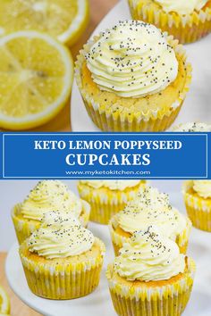 lemon poppy seed cupcakes with white frosting and sprinkles on top