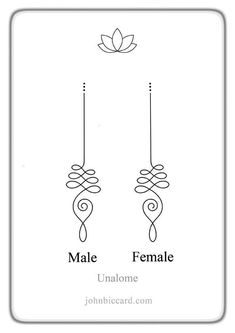 two earrings with the name female and male on them, in front of a white background