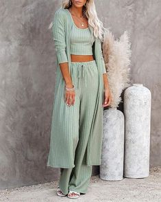 Set linked Cute Lounge Sets, Lounge Sets For Women, Casual Autumn Outfits Women, Elastic Pants, Vest Crop Top, Cardigan Crop Top, Longline Coat, Cardigan Crop, Ribbed Tank Top