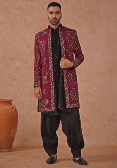 Wine Indo Western Sherwani Set With Dupatta Kalpraag - Fabilicious Fashion