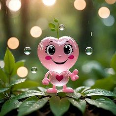 a pink apple sitting on top of a lush green leaf covered forest filled with raindrops