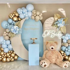 a teddy bear sitting in front of a backdrop with balloons