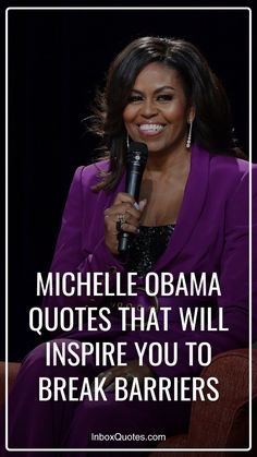 the first lady is smiling and holding a microphone in her hand, with an quote on it