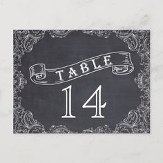 Vintage scroll leaf frame and chalkboard wedding table number postcard featuring a white vintage frame of scroll leaves on a charcoal grey chalkboard or blackboard background and your text in a scroll banner. A modern and contemporary approach to a vintage theme. This retro template design is part of a wedding set, is fully customizable and can be personalized. Chalkboard Table Numbers, Scroll Banner, Retro Template, Blackboard Background, Chalkboard Table, Stylish Wedding Invitation, Table Number Card, Vintage Chalkboard, Leaf Frame