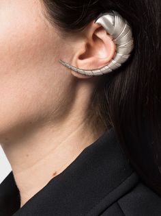 Find COURREGES Shell-shape Single Ear Cuff on Editorialist. silver-tone ear cuff design shell embroidery polished finish ribbed detailing This is a single earring for the left ear. Earcuffs Earrings, Shell Embroidery, Ear Cuff Silver, Cuff Design, Minimal Jewelry, Modern Fashion, Metallica