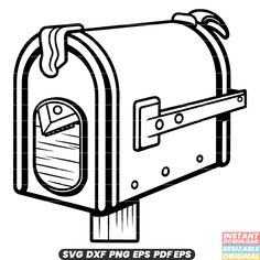 a black and white drawing of a mailbox with the word svg dxf eps