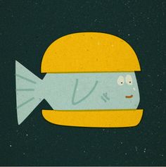 an illustration of a fish with a burger on it's head