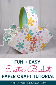 an easter basket made out of paper with the words fun and easy easter basket on it