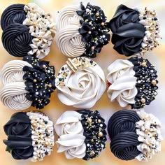 black and white cupcakes decorated with pearls