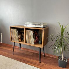 an old record player is on top of a wooden shelf next to a potted plant