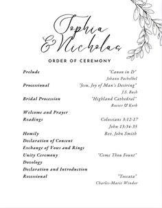 the wedding program is shown in black and white