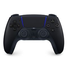 the front view of a black controller with two buttons and three blue lights on it