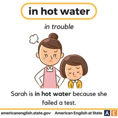 an english poster with the words in hot water and two people standing next to each other