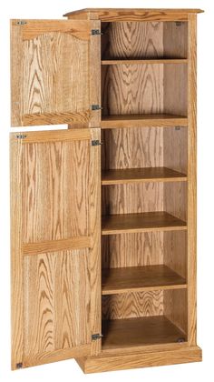 an open wooden cabinet with shelves and drawers