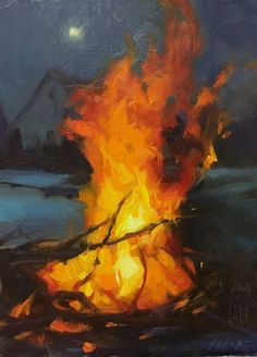 an oil painting of a bonfire in the night