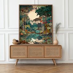 a painting on the wall above a wooden cabinet