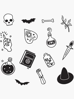 black and white drawing of various items on a white background, including a hat, candle, skull, bat, flask