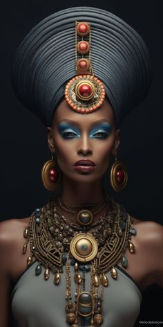 an african woman with blue eyes and gold jewelry on her head, in front of a black background