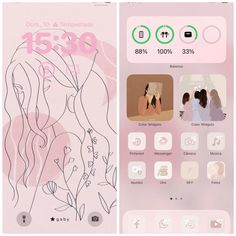 an iphone screen with two images of women and flowers on it, one is pink