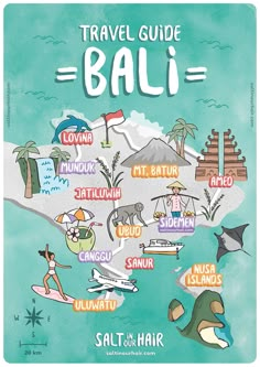 an illustrated map of bali with the names and symbols in english, spanish, and french