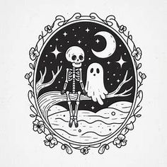 a skeleton sitting on top of a tree next to a full moon with two ghost