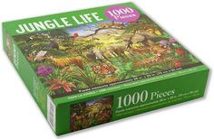 the puzzle box has an image of animals in the jungle with trees and flowers on it