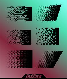 an abstract background with different shapes and lines in black and pink colors on a green, red, purple, and blue hued background