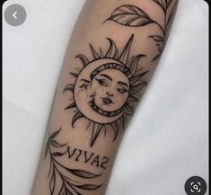 a sun and moon tattoo with the word savvy on it's arm