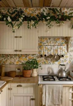 a kitchen with white cabinets and flowers on the wall above the stove top, potted plants hanging over the burner