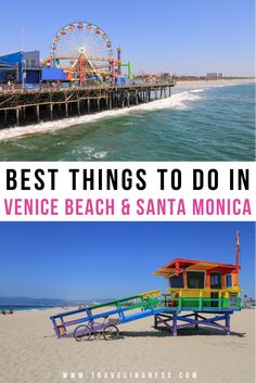 A Ferris wheel on the Santa Monica pier and a rainbow colored lifeguard tower on Venice Beach in Los Angeles, California. Los Angeles Trip, Wallpaper Travel, Travel California, Los Angeles Travel, Santa Monica Beach, California Vacation, Santa Monica California, Santa Monica Pier, California Travel Road Trips