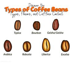 different types of coffee beans on a white background with the words types of coffee beans