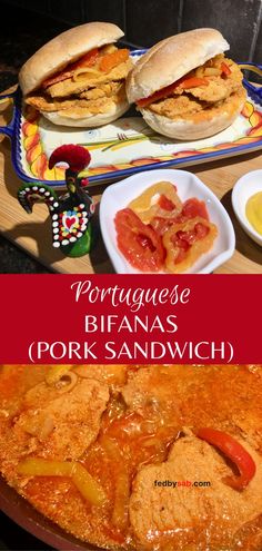 Portuguese bifanas pork sandwiches on a plate on a wood cutting board with a small side plate of mustard and hot peppers Portuguese Recipe, Pork Sandwich Recipes, Portugal Food, Portuguese Cuisine, Pork Dinner, Famous Recipe, Pork Sandwich, European Food